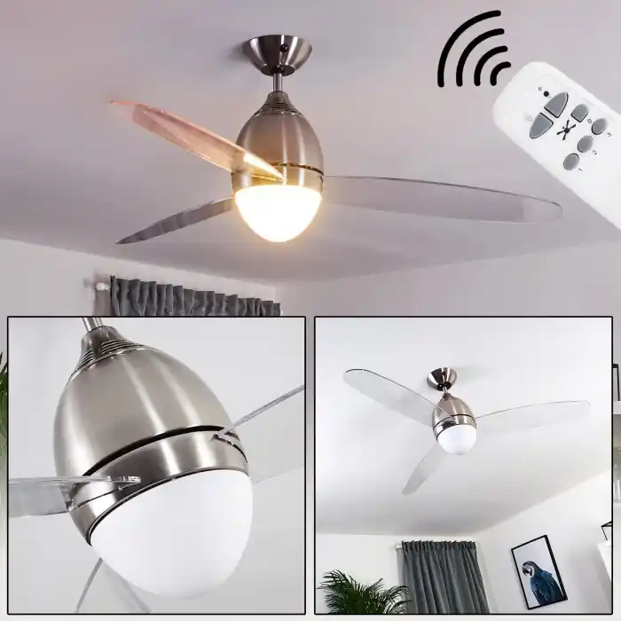 Varazze Ventilador de techo Níquel-mate, Transparente, claro, 1 luz, Mando a distancia Popular