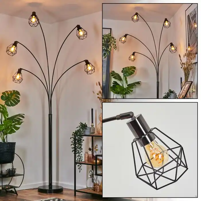 Yaak Lámpara de pie Cromo, Negro, 5 luces A Buen Precio