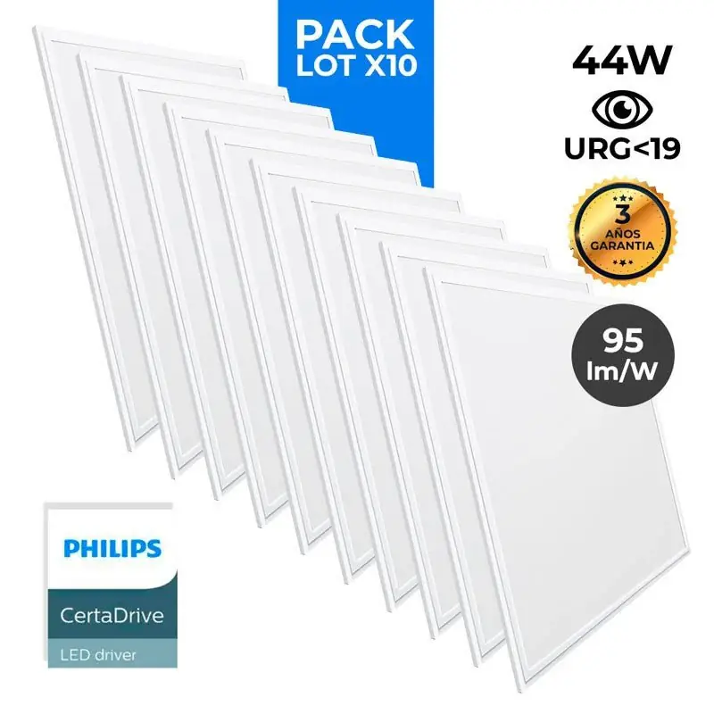 Pack de 10 paneles LED slim 60X60 cm - Driver Philips - 44W - UGR19 - IP40 Blanco frío 6000K Alta Calidad