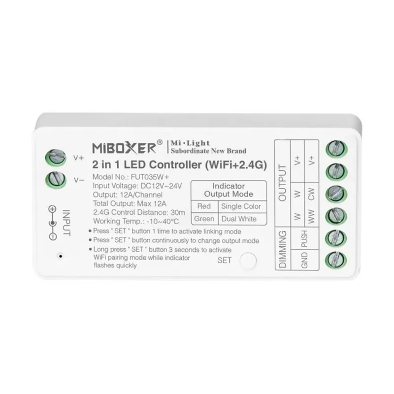 Compra Ahora Controlador tira LED 2 en 1- Monocolor - Dual White - 12/24V DC - 2.4G - WiFi - MiBoxer - FUT035W+