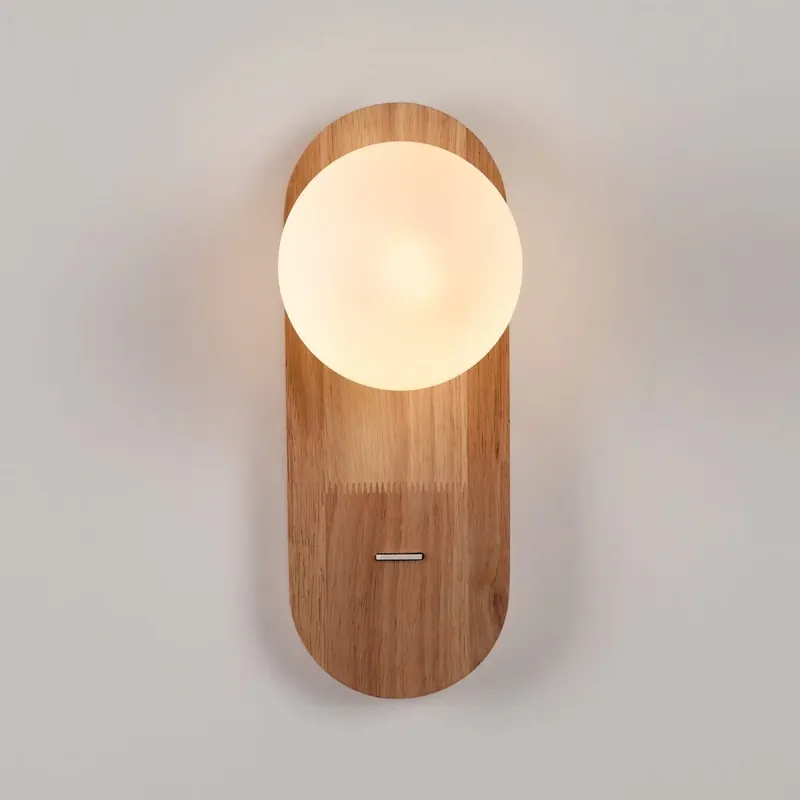 Aplique de pared bola cristal "SOMA" con interruptor - E27 - Madera Madera clara Promoción Exclusiva