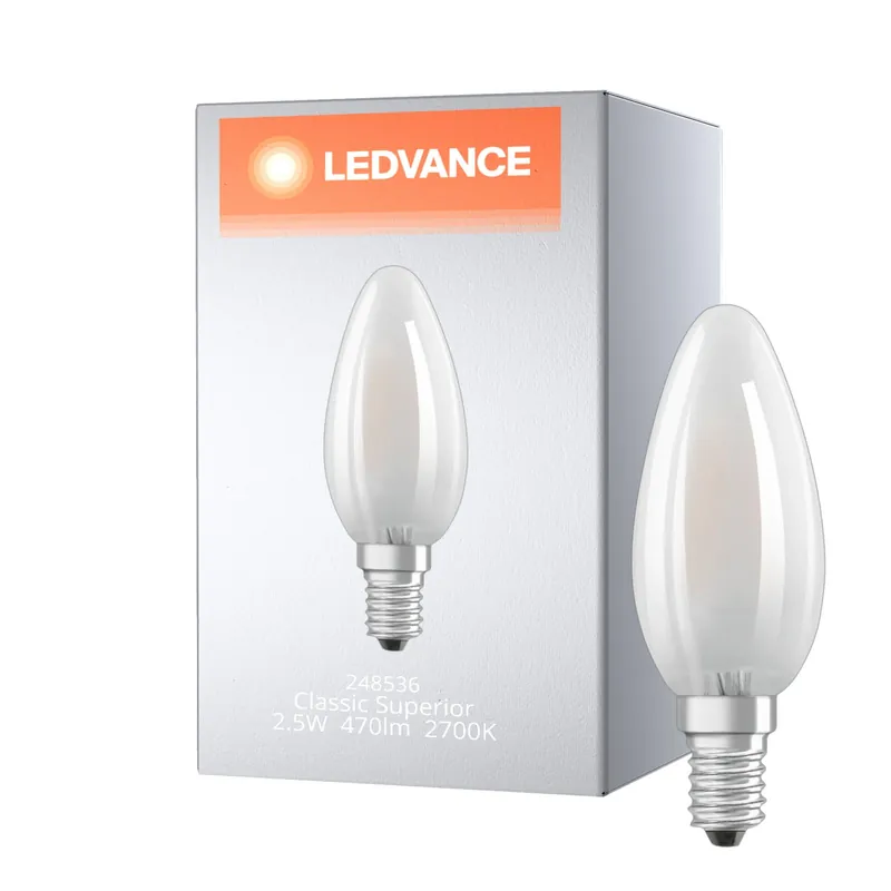 Venta Final Ledvance Classic Superior LED Bulbo E14 Vela con Filamento Mate 2.5W 470lm - 827 Luz muy Cálida | Reemplazo 40W