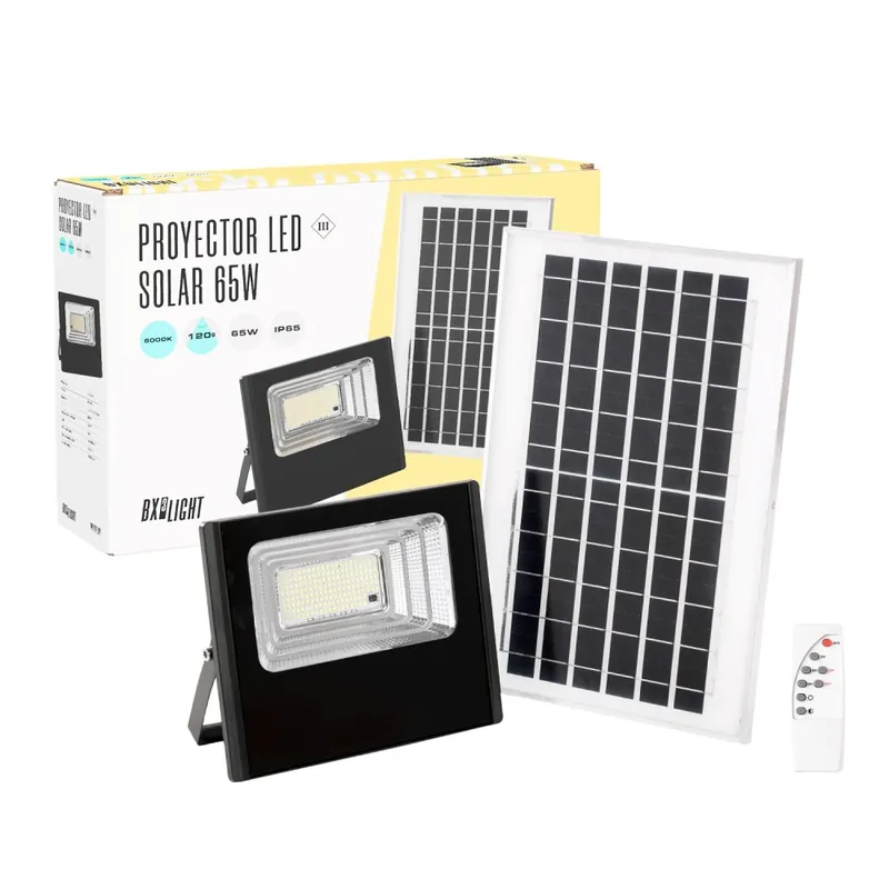 Panel proyector LED solar de 65 W y 6500 K: 6 V/8 W Batería: 3,2 V/5000 mAh Dimmable Mando a distancia Solo Por Tiempo Limitado