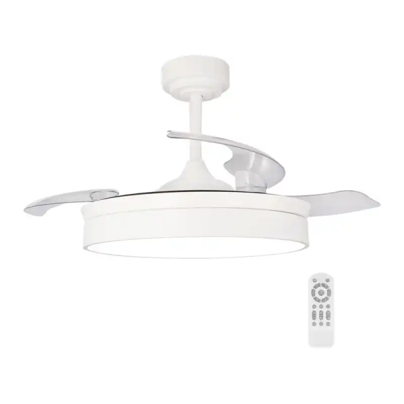 Certificado Ventilador de techo Tornado blanco LED 72w 3CCT acabado blanco estilo moderno aspas plegables motor DC 106cm Ø